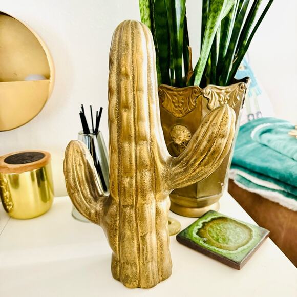 ANTHROPOLOGIE Textured Brass Gold Ceramic Saguaro Cactus Figurine Accent Decor - Picture 12 of 14